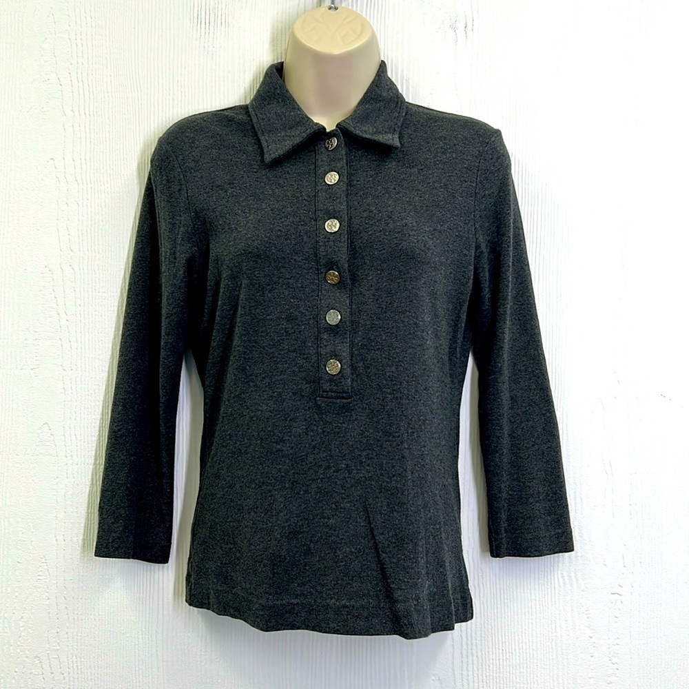 Tory Burch - Gray Three Quarter Sleeve Silver Logo Button Henley Size Small